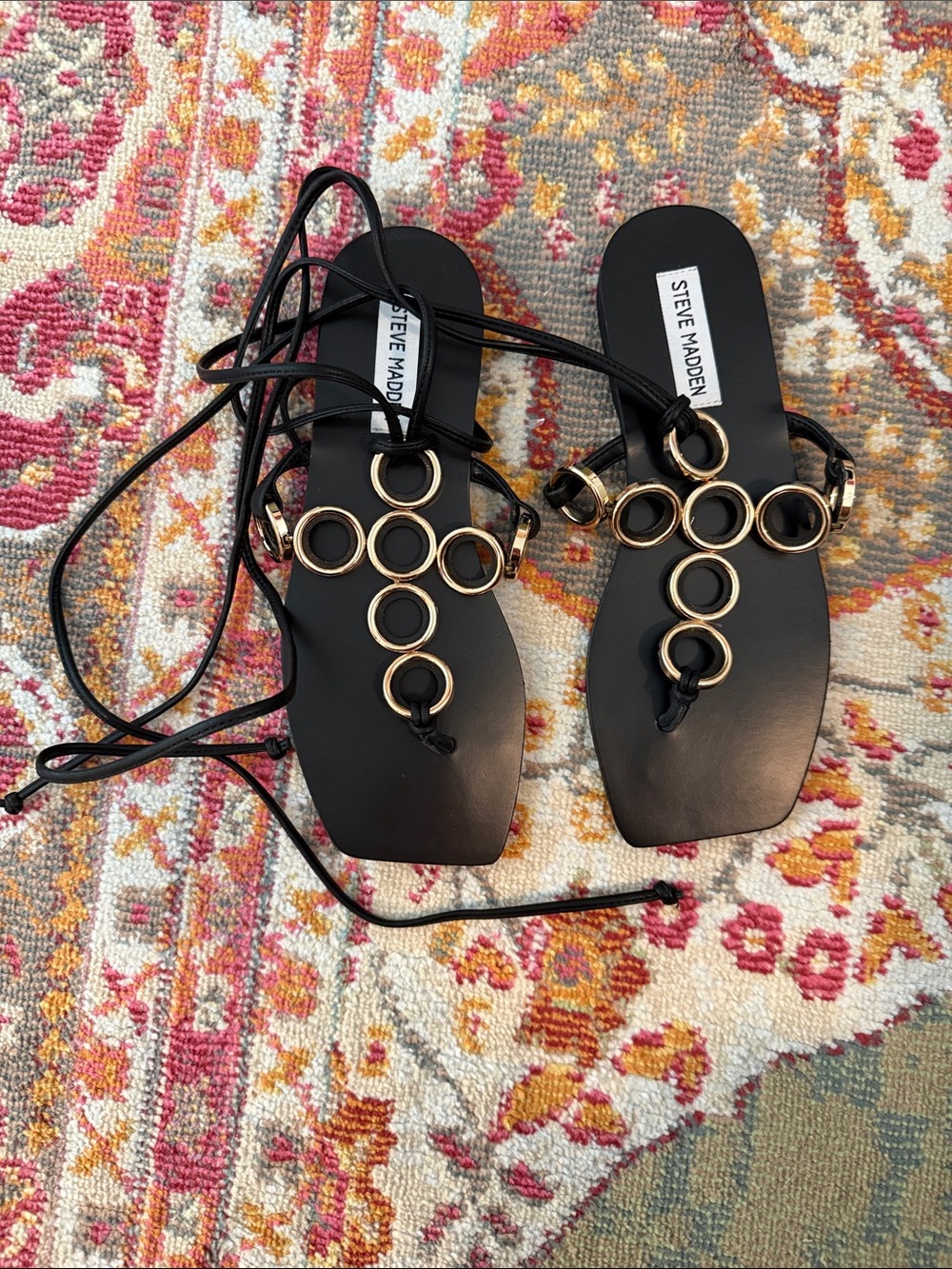 Steve Madden Black Lace-Up Sandals with Gold Ring Detail